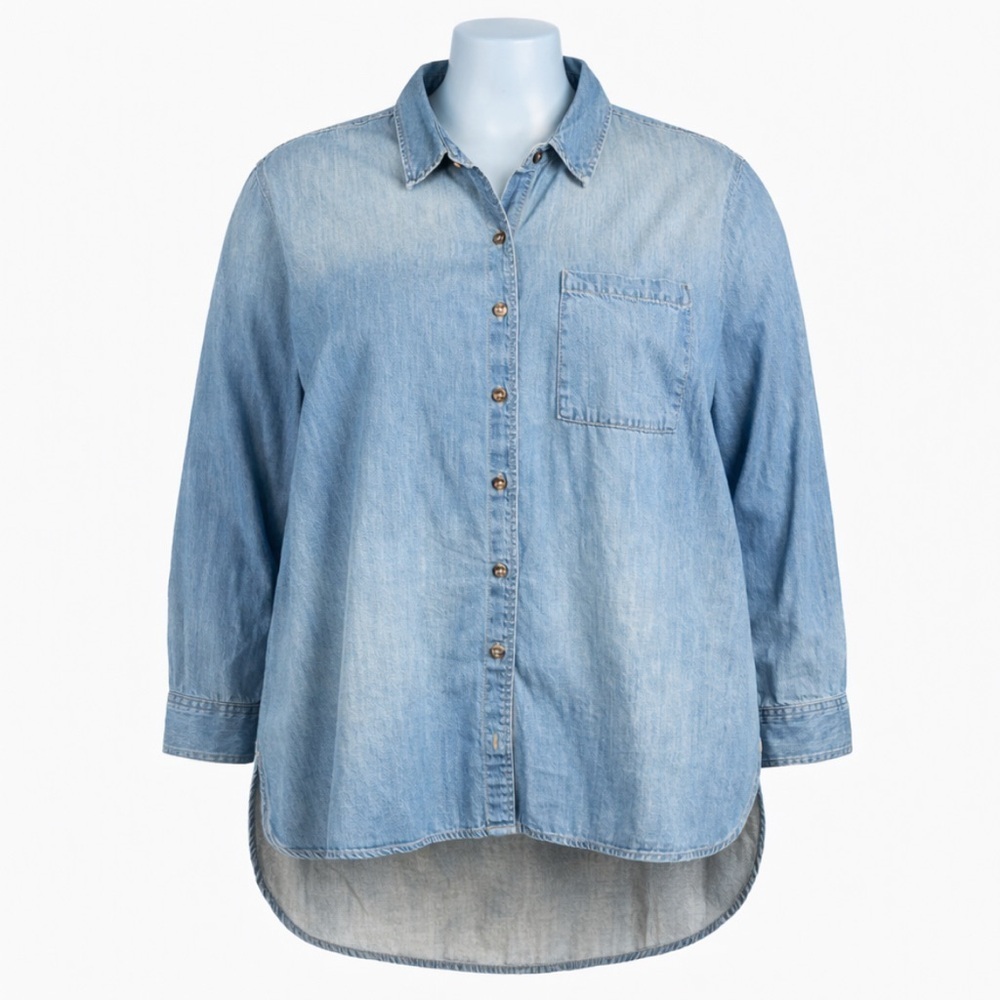 Lane Bryant Denim Cotton Shirt Long Sleeve Button Up Ombré High Low Hem 26/28